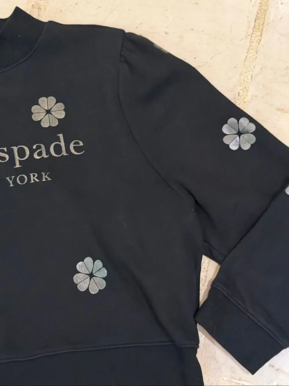 Kate Spade, New York flower sweatshirt, black with metallic silver flowers in si
